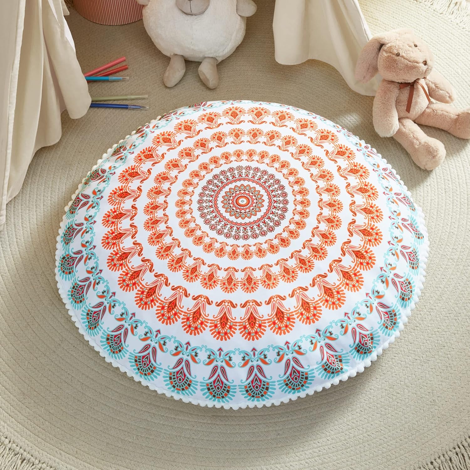 Boho Large round Floor Pillow, Oversized Mandala Meditation Pillows for Adults, Cozy Big Seating Cushion for Kids Teepee Reading Nook Playroom, Insert with Cover, Coral, 32 Inch Diameter