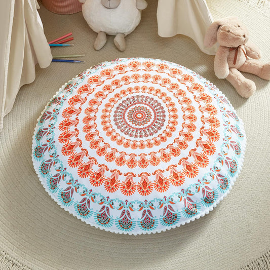 Boho Large round Floor Pillow, Oversized Mandala Meditation Pillows for Adults, Cozy Big Seating Cushion for Kids Teepee Reading Nook Playroom, Insert with Cover, Coral, 32 Inch Diameter