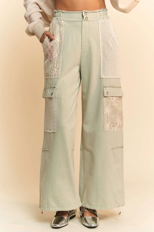 Davi & Dani Lace Patchwork Bottom Opening Adjustable Pants in Sage
