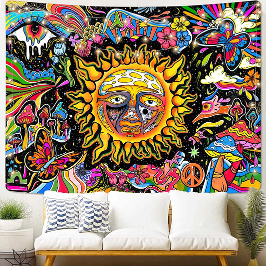 Trippy Tapestry Sun Tapestry Hippie Mushroom Tapestry Colorful Wall Tapestry for Bedroom Aesthetic Cute Tapestries Wall Hanging for Bedroom,91"X71"