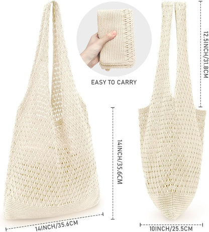 Crochet Bag for Women, Crochet Tote Summer Bag Mesh Large Shoulder Bag (Beige 14 X 10 X 26.5In)