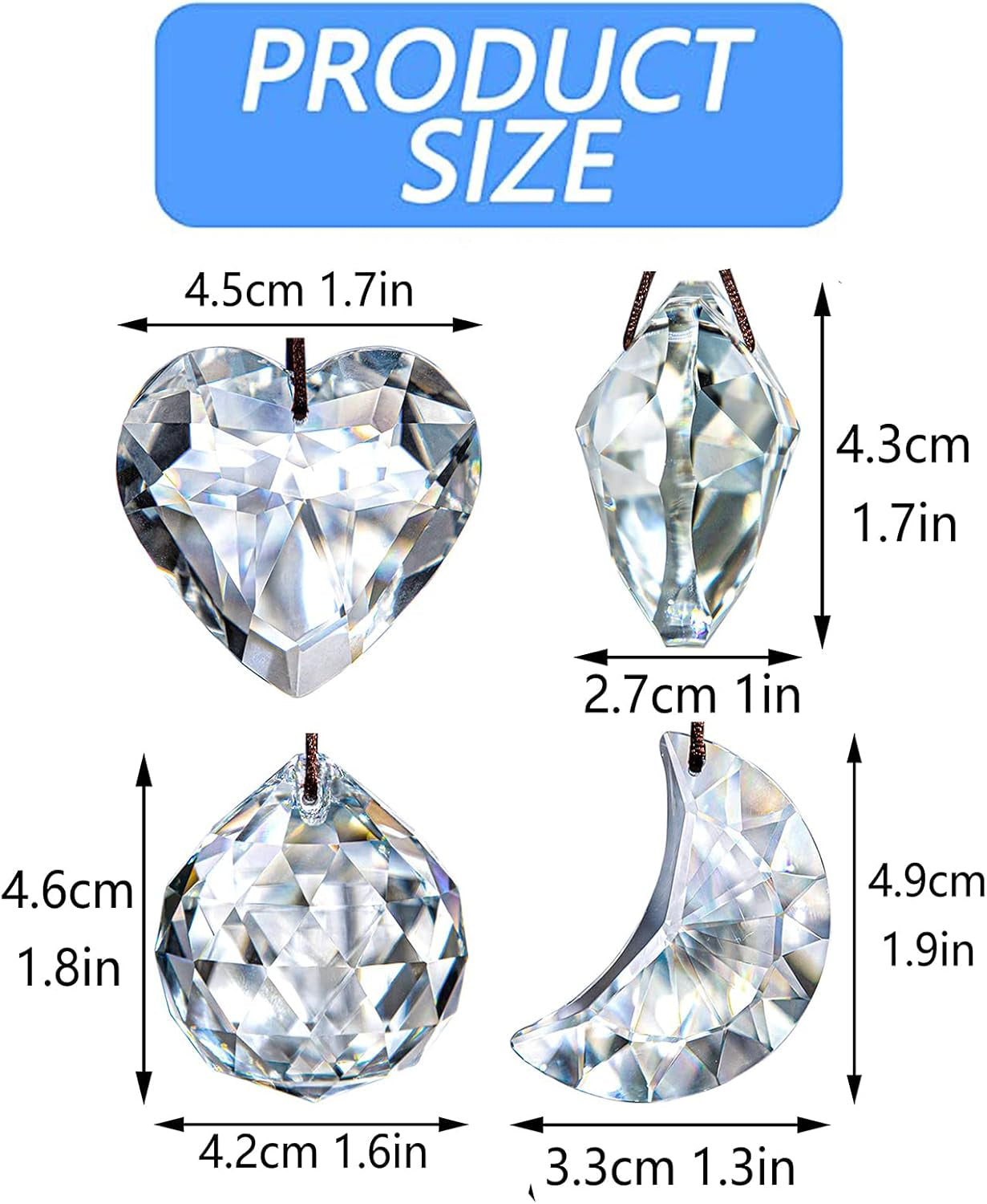 Clear Suncatcher Crystal Prism Ball Heart Moon Window Decor Ornament,Hanging Crystals Prisms for Car Garden,Pack of 3