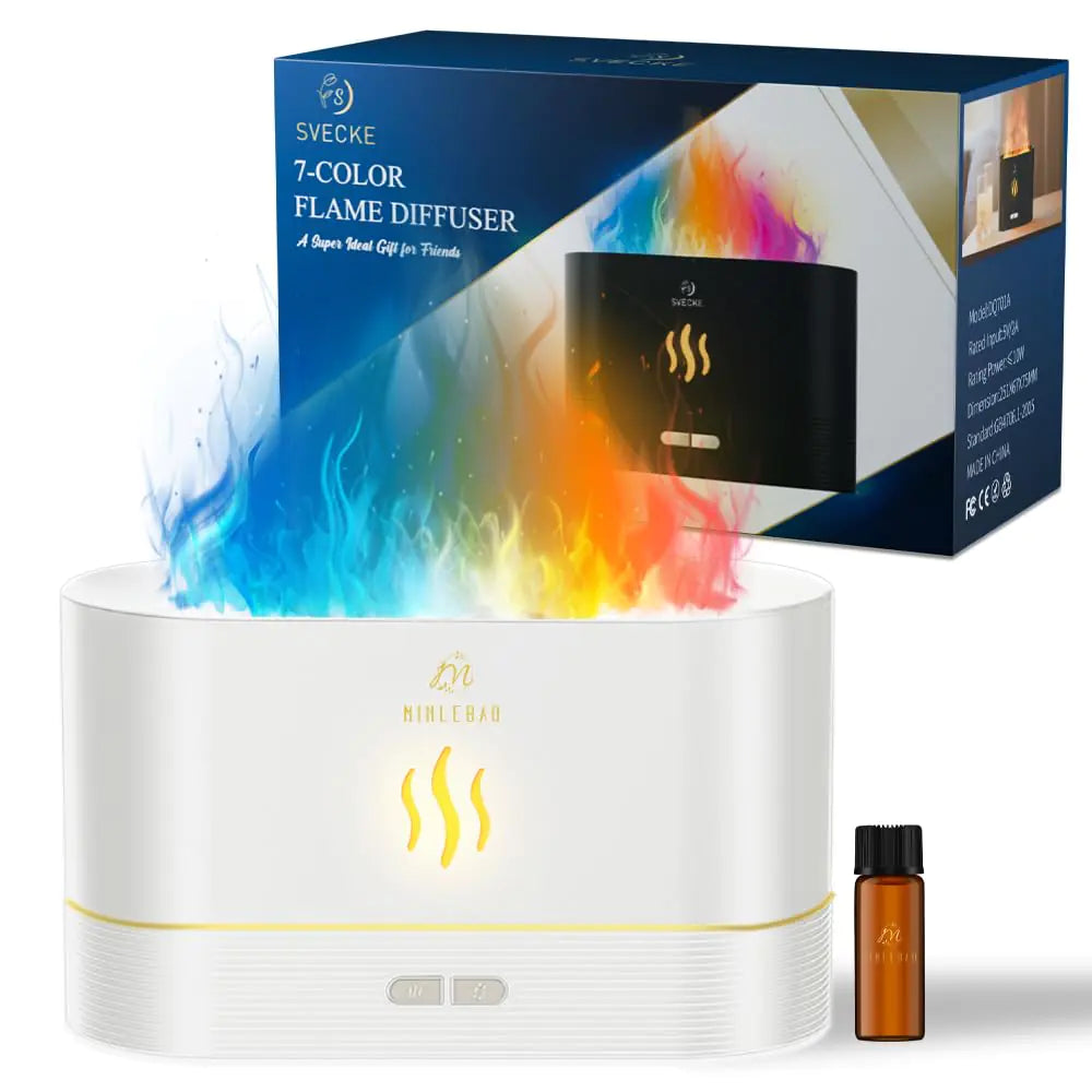 Colorful Aroma Diffuser with Flame Light Mist Humidifier Aromatherapy Diffuser with Waterless Auto-Off Protection for Spa Home Yoga Office (White)