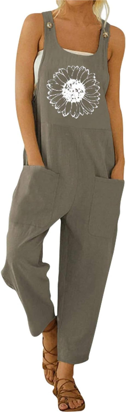 Women'S Casual Loose Jumpsuits Button Strap Sunflower Print Bib Overall with Pockets 04-Khaki X-Large
