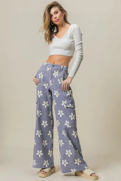 Flower Printed Side Pocket Wide Pants