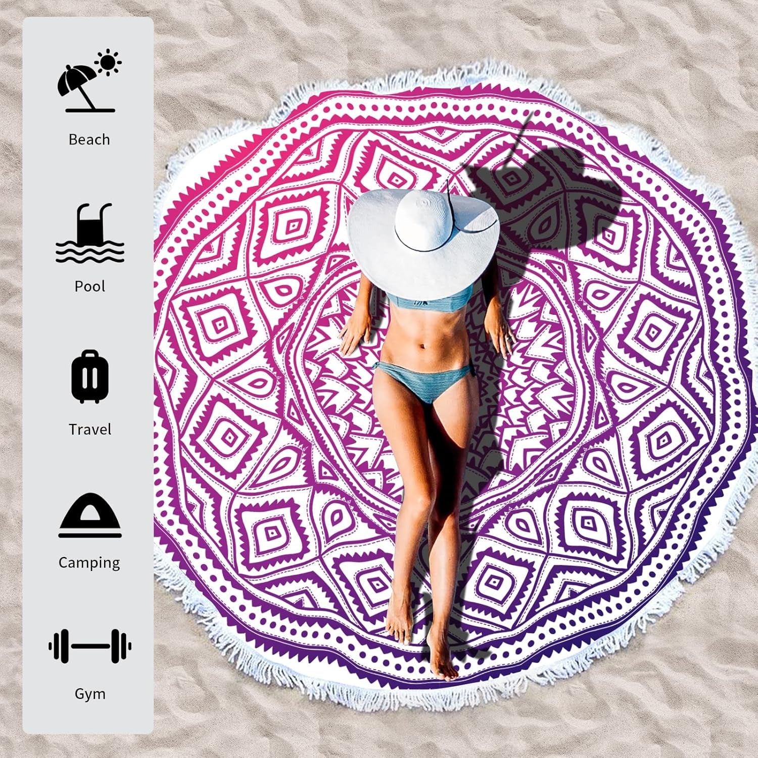 Round Beach Towels 59 Inch Oversized for Adults Women Microfiber Boho Aesthetic Mandala Fast Quick Drying Absorbent Blanket Sand Free/Proof for Pool Travel Camping Outdoor with Fringe Tassels,Purple