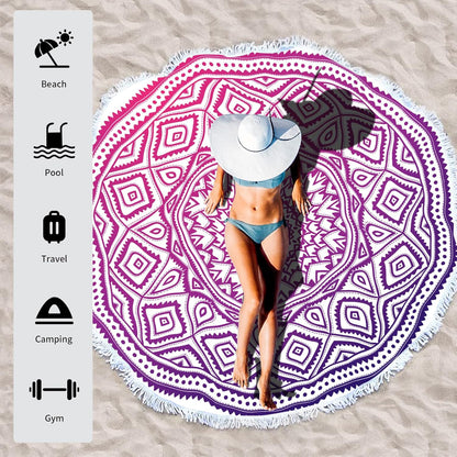 Round Beach Towels 59 Inch Oversized for Adults Women Microfiber Boho Aesthetic Mandala Fast Quick Drying Absorbent Blanket Sand Free/Proof for Pool Travel Camping Outdoor with Fringe Tassels,Purple