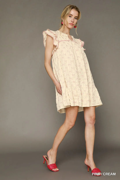 Bow Print Ruffled Cap Sleeve Mini Dress