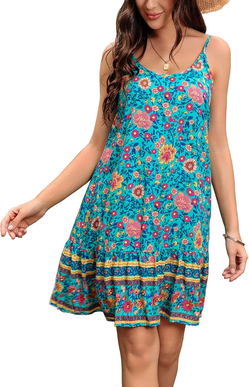 Women'S Dresses Summer Casual Floral Printed Spaghetti Strap Sun Dress Boho Beach Swing Mini Dresses Sleeveless Beach Coverup for Women Sundresses for Women S-XL Green