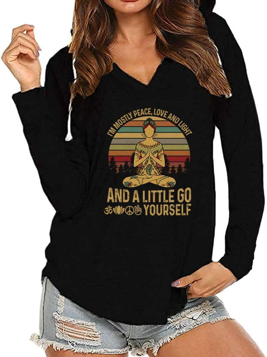 Women'S I'M Mostly Peace Love and Light Long Sleeve V Neck Casual Loose Tshirts Hoody Tops