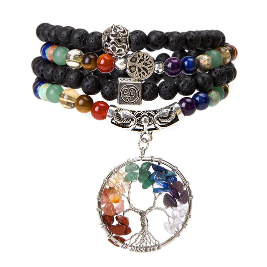 Bivei 108 Mala Beads Bracelet - 7 Chakra Tree of Life Real Healing Gemstone Yoga Meditation Mala Prayer Bead Necklace(Lava Rock Stone)