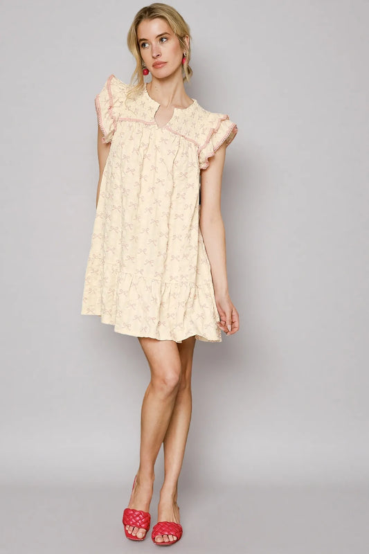 Bow Print Ruffled Cap Sleeve Mini Dress