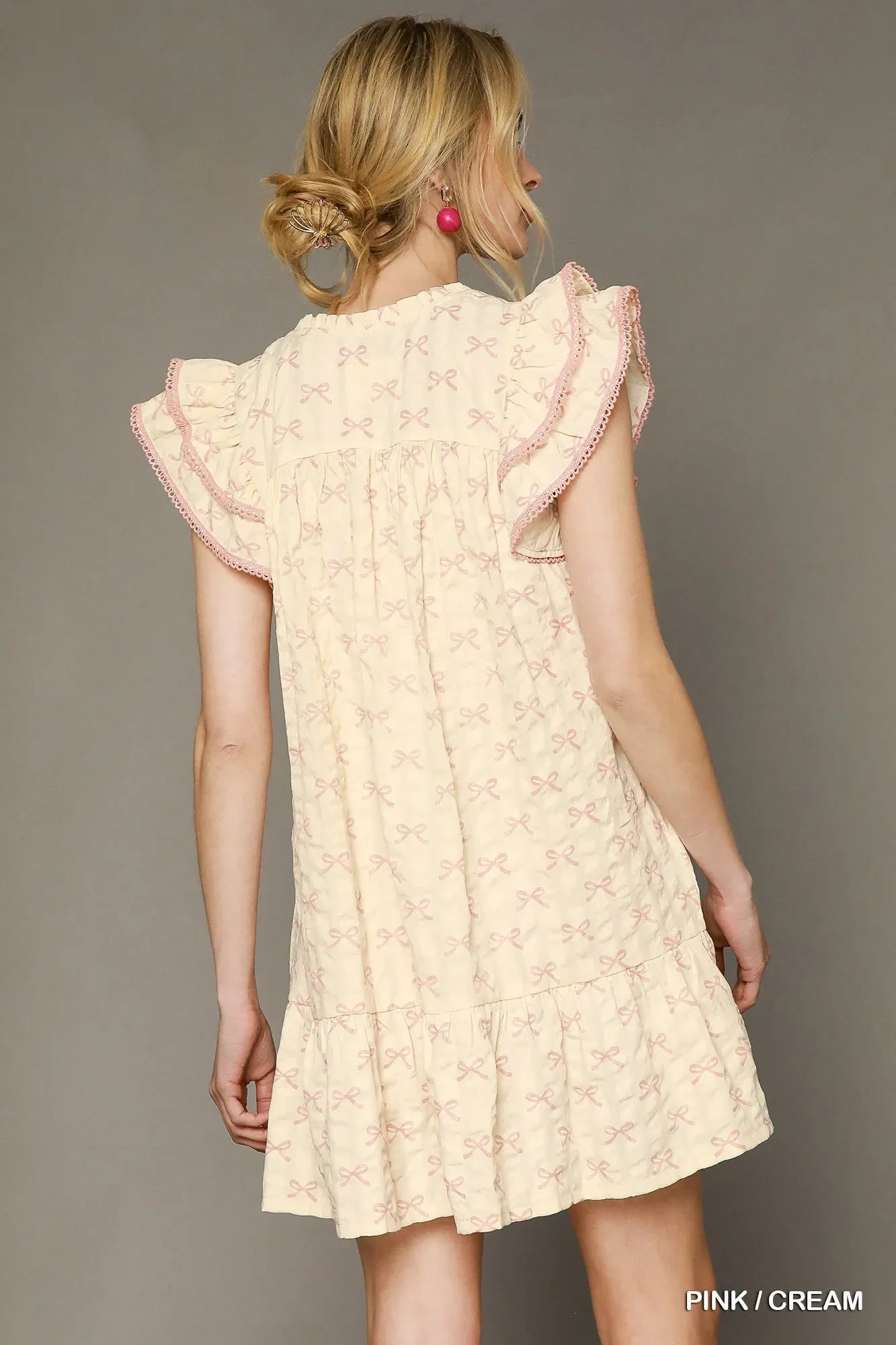 Bow Print Ruffled Cap Sleeve Mini Dress