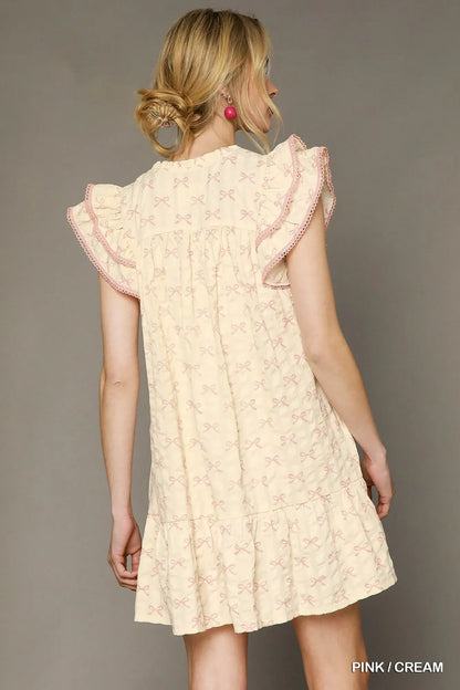 Bow Print Ruffled Cap Sleeve Mini Dress