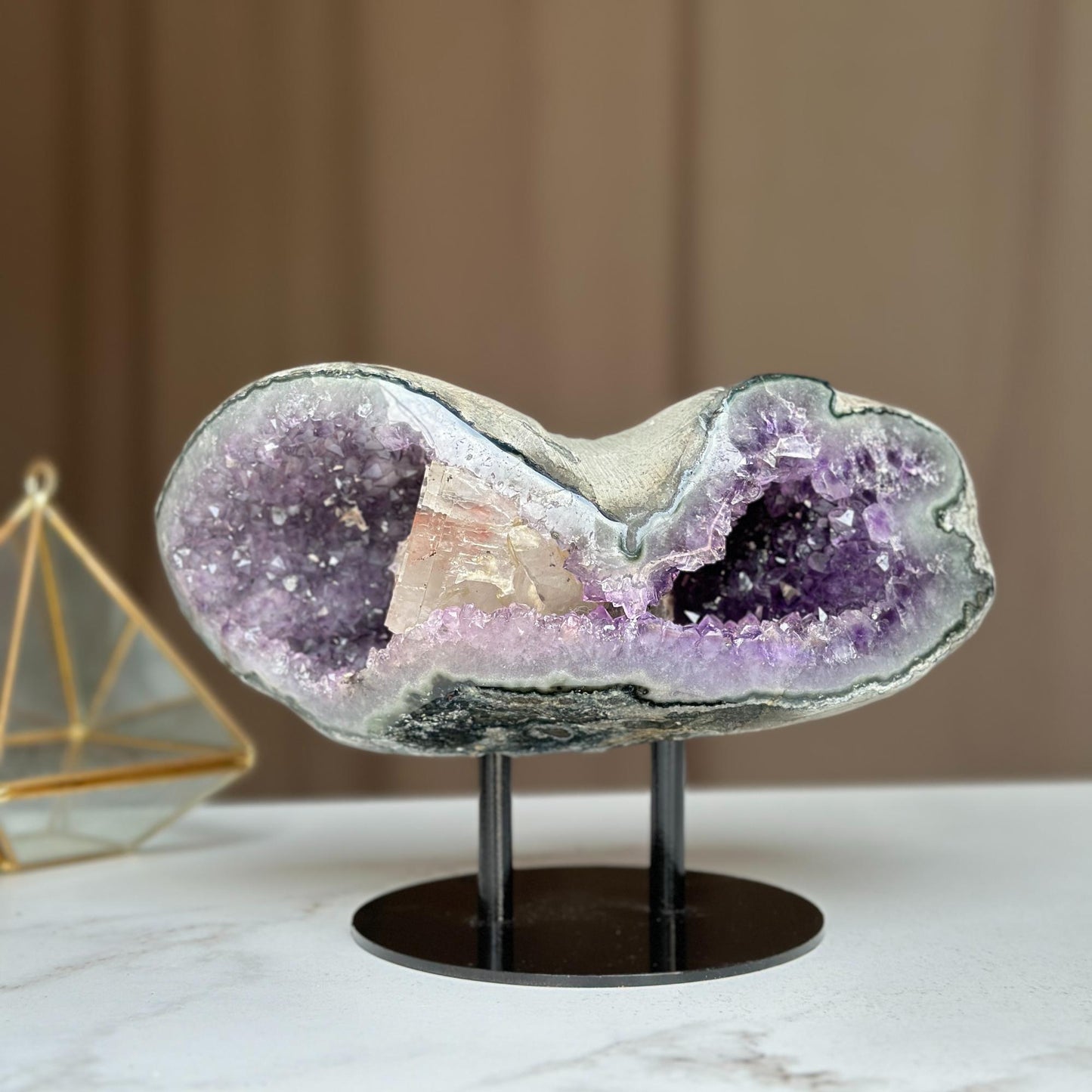 Rare Find Crystal Formations, Amethyst Geode with colorful microcrystals, calcite and quartz, piece with Stand for collectors
