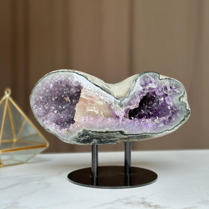 Rare Find Crystal Formations, Amethyst Geode with colorful microcrystals, calcite and quartz, piece with Stand for collectors