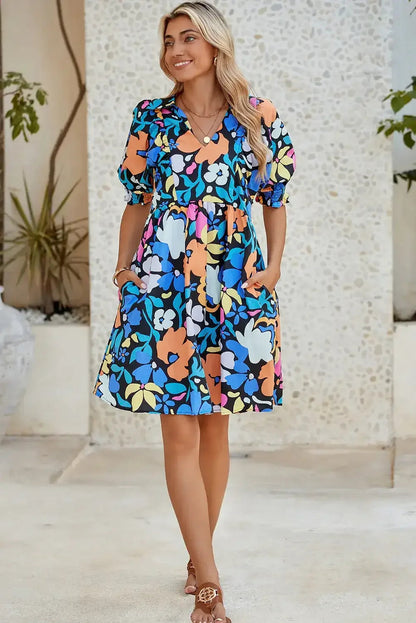 Blue Floral Print Collared Split V Neck Flared Mini Dress - Femstylo