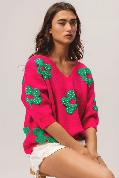 Pearl Beads Flowers Sweater Top