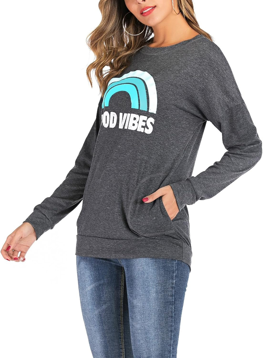 Women Casual Long Sleeve Shirts round Neck Loose Fit Blouses Lightweight Tops