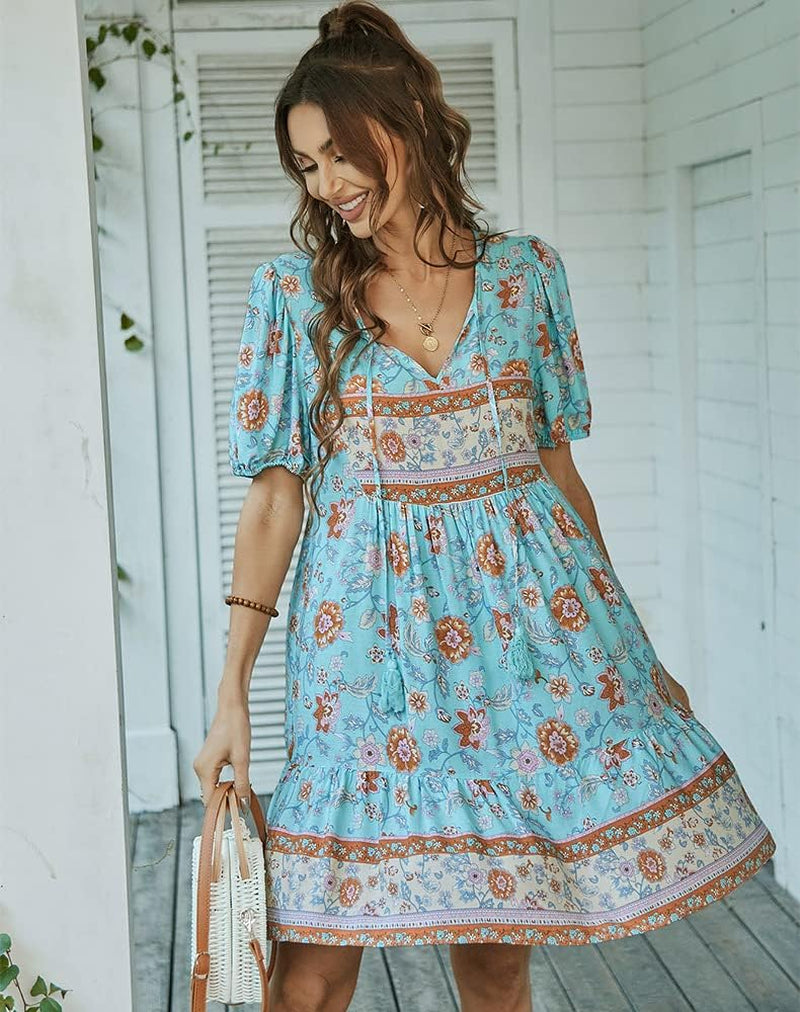 Women Boho Floral Graphic Mini Dress Short Sleeve V Neck Casual Summer Dress (Medium, Blue)