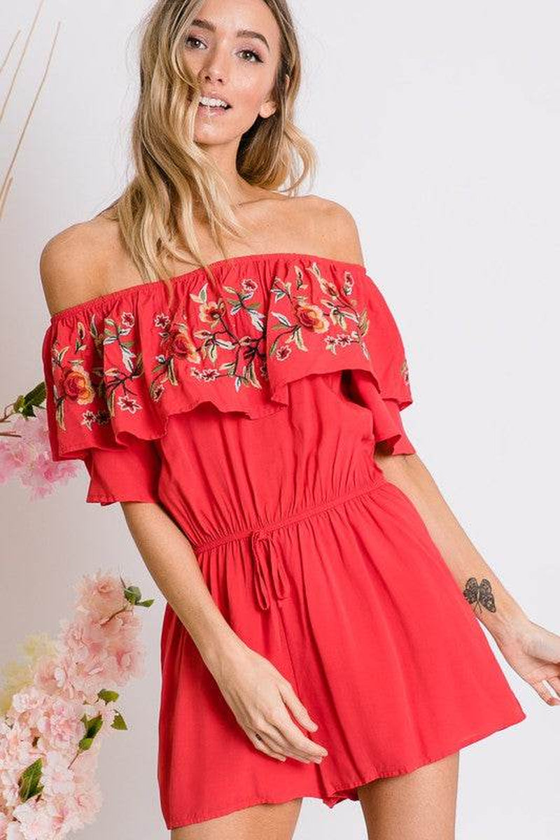 Floral Embroidered off Shoulder Romper