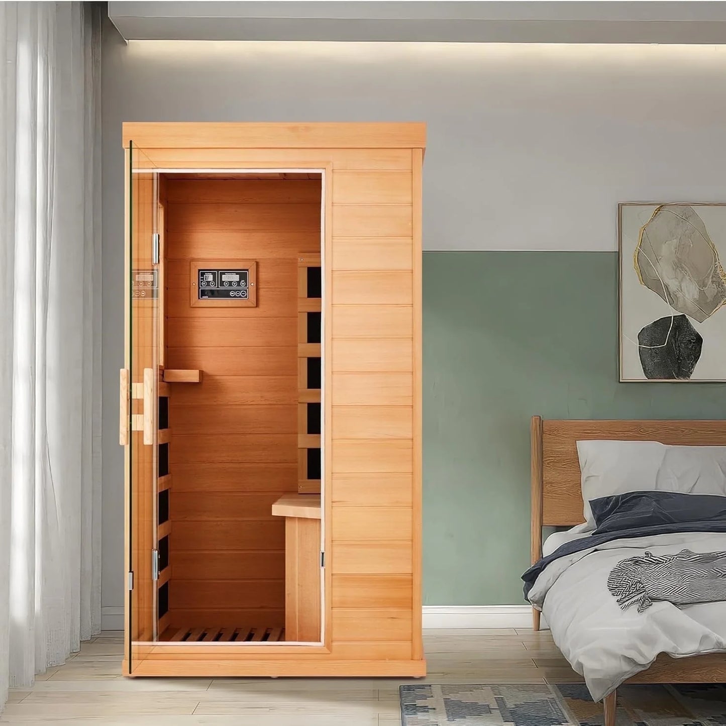 Single Infrared Full Spectrum Sauna, Indoor Wooden Dry Sauna, with 4 Heater Panels, Bluetooth and Tempered Glass