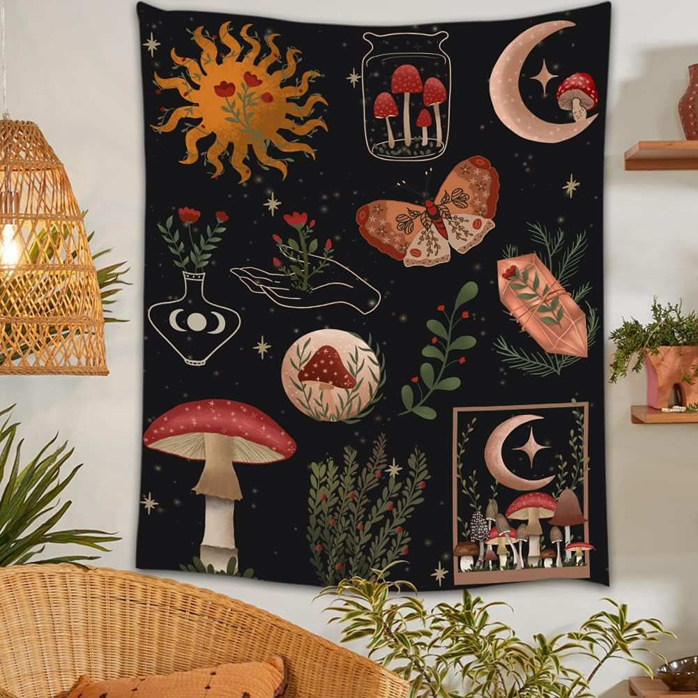 Botanical Mushroom Tapestry Wall Hanging Floral Sun Moon Starry Chart Wall Tapestry Bohemian Tapestries for Badroom Home Decor (51X59Inch)