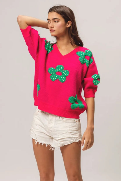 Pearl Beads Flowers Sweater Top