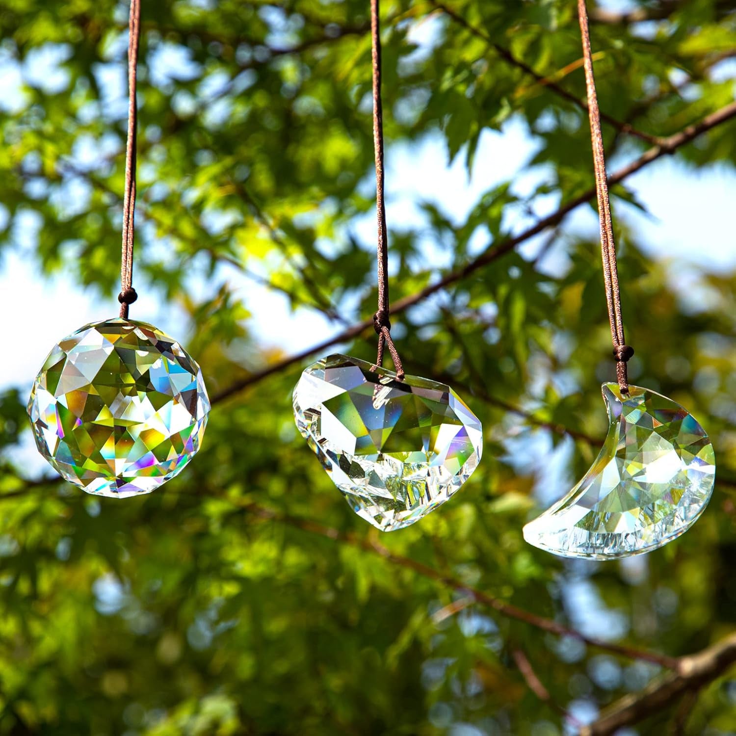 Clear Suncatcher Crystal Prism Ball Heart Moon Window Decor Ornament,Hanging Crystals Prisms for Car Garden,Pack of 3