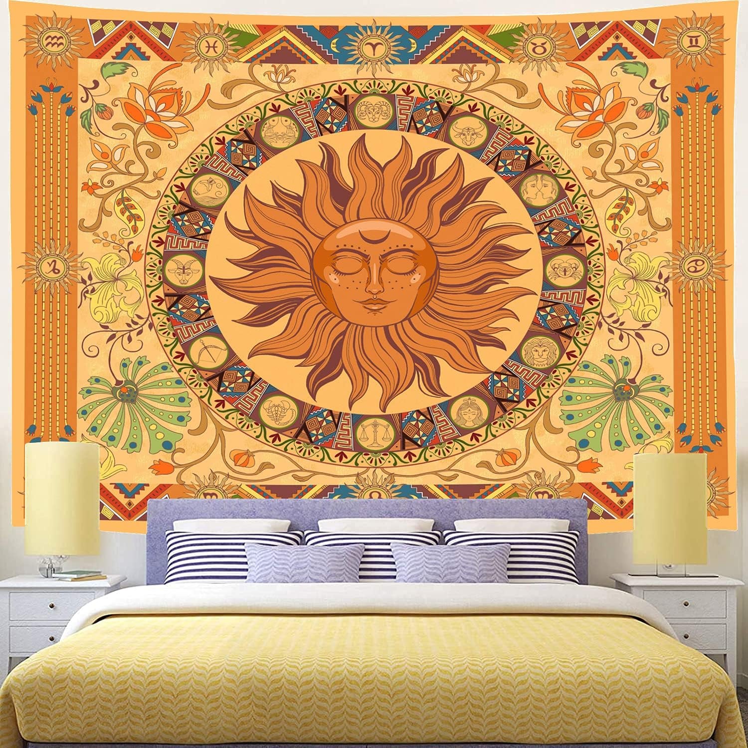 Hippie Tapestry Burning the Sun Tapestry Hippie, Zodiac Tapestries Astrology Tapestry for Bedroom Aesthetic, Flower Tapestry Wall Hanging,Orange Zodiac Sign Tapestry Flowers Vintage Tapestry