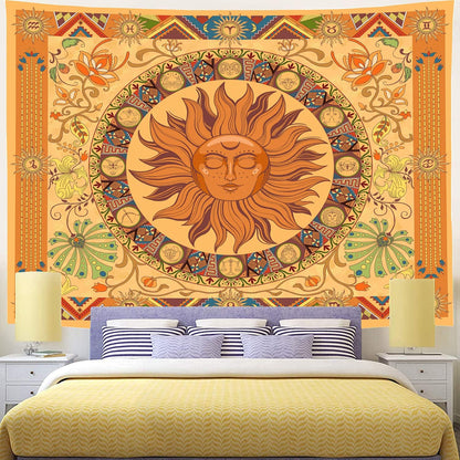 Hippie Tapestry Burning the Sun Tapestry Hippie, Zodiac Tapestries Astrology Tapestry for Bedroom Aesthetic, Flower Tapestry Wall Hanging,Orange Zodiac Sign Tapestry Flowers Vintage Tapestry