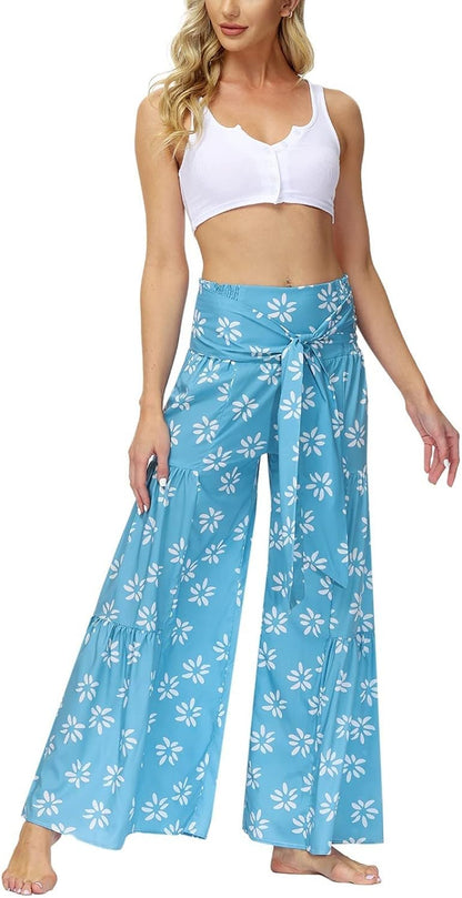 High Waist Wide Leg Pant for Women Summer Casual Boho Floral Beach Pants Bohemian Belted Trousers
