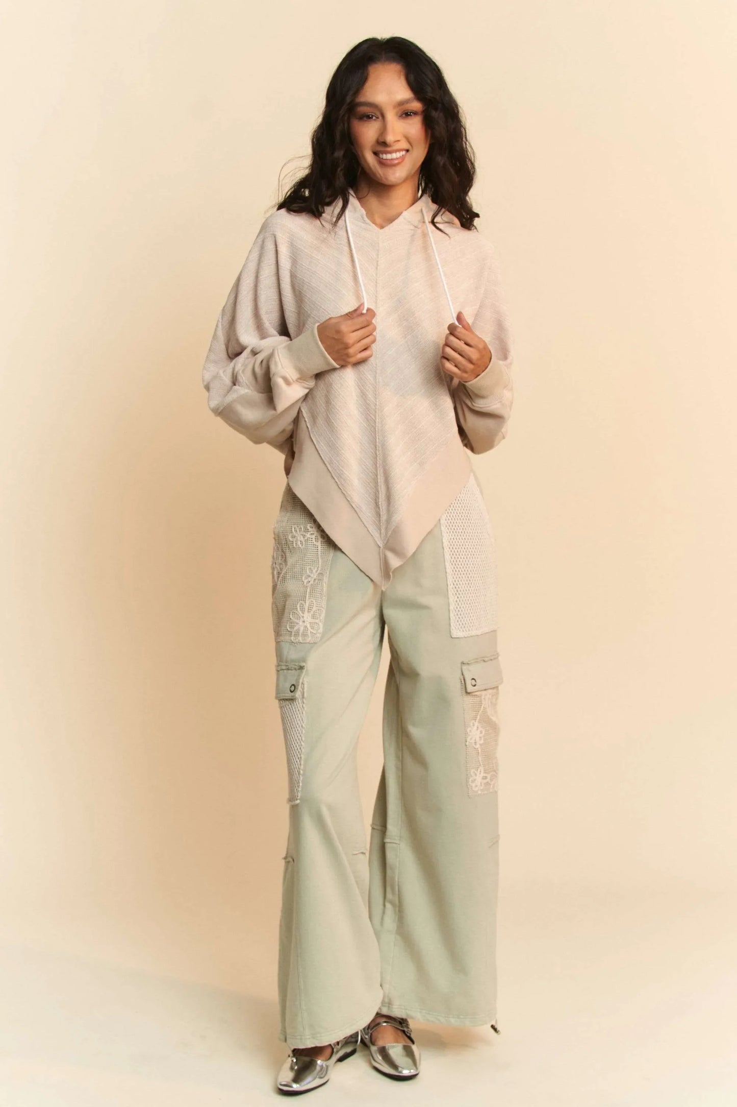 Davi & Dani Lace Patchwork Bottom Opening Adjustable Pants in Sage