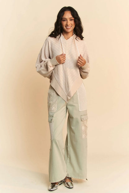Davi & Dani Lace Patchwork Bottom Opening Adjustable Pants in Sage