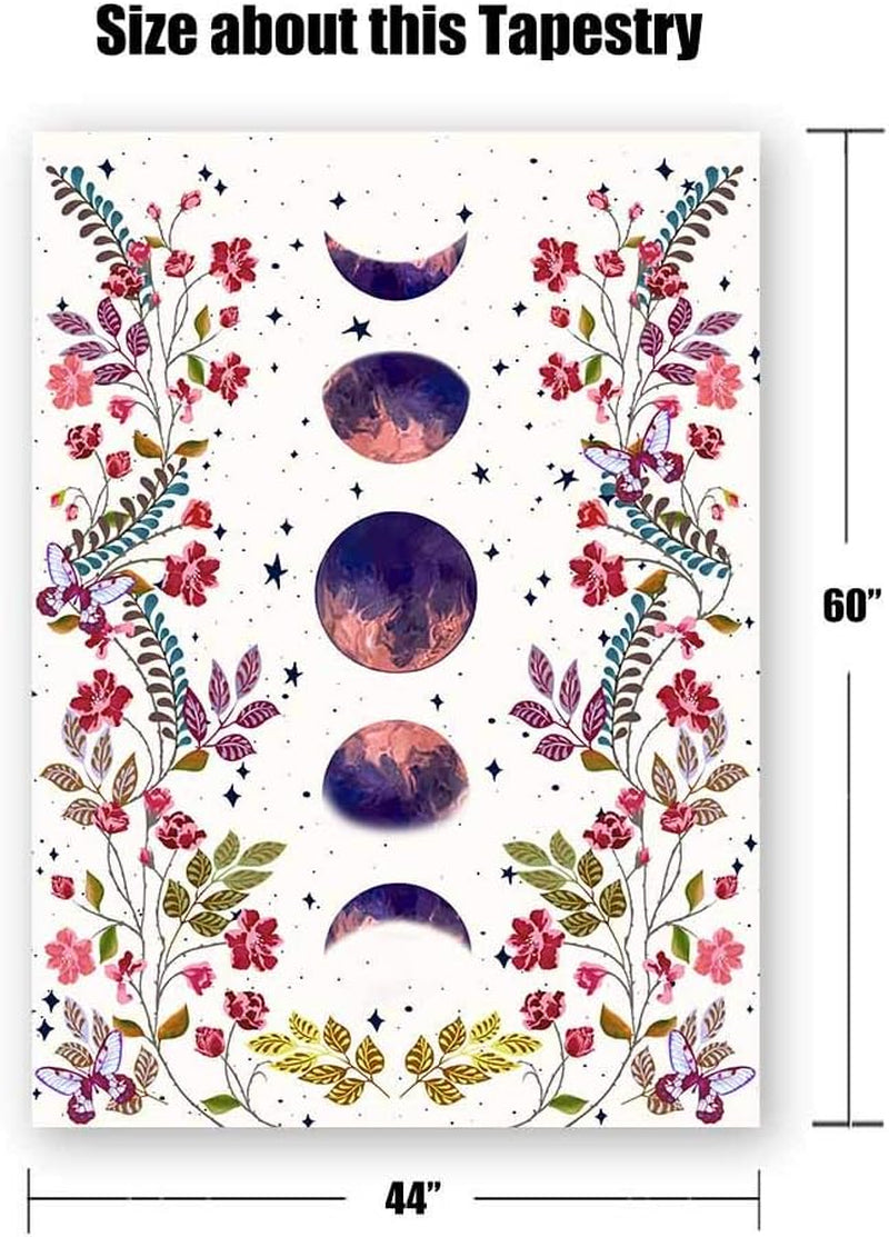 Moonlit Garden Tapestry, Moon Phase Surrounded by Vines and Flowers White Wall Decor Tapestry 44×60 Inches