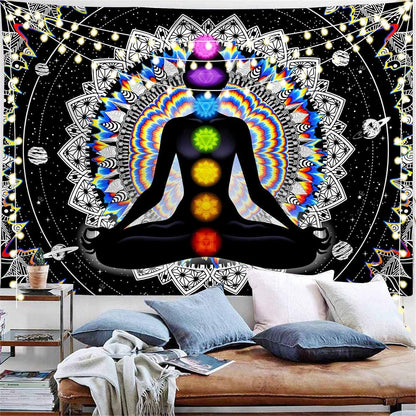 Seven Chakra Tapestry Mandala Tapestry Trippy Black and White Tapestry Celestial Space Tapestry Boho Yoga Meditation Wall Hanging Tapestry for Bedroom Home Decor (H29.5 X W39.4)