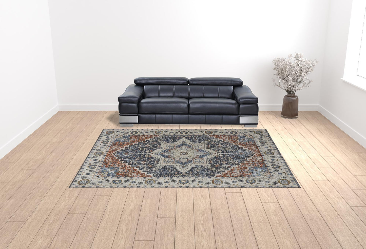 12' X 15' Ivory Charcoal And Blue Oriental Area Rug With Fringe