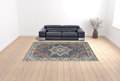 12' X 15' Ivory Charcoal And Blue Oriental Area Rug With Fringe