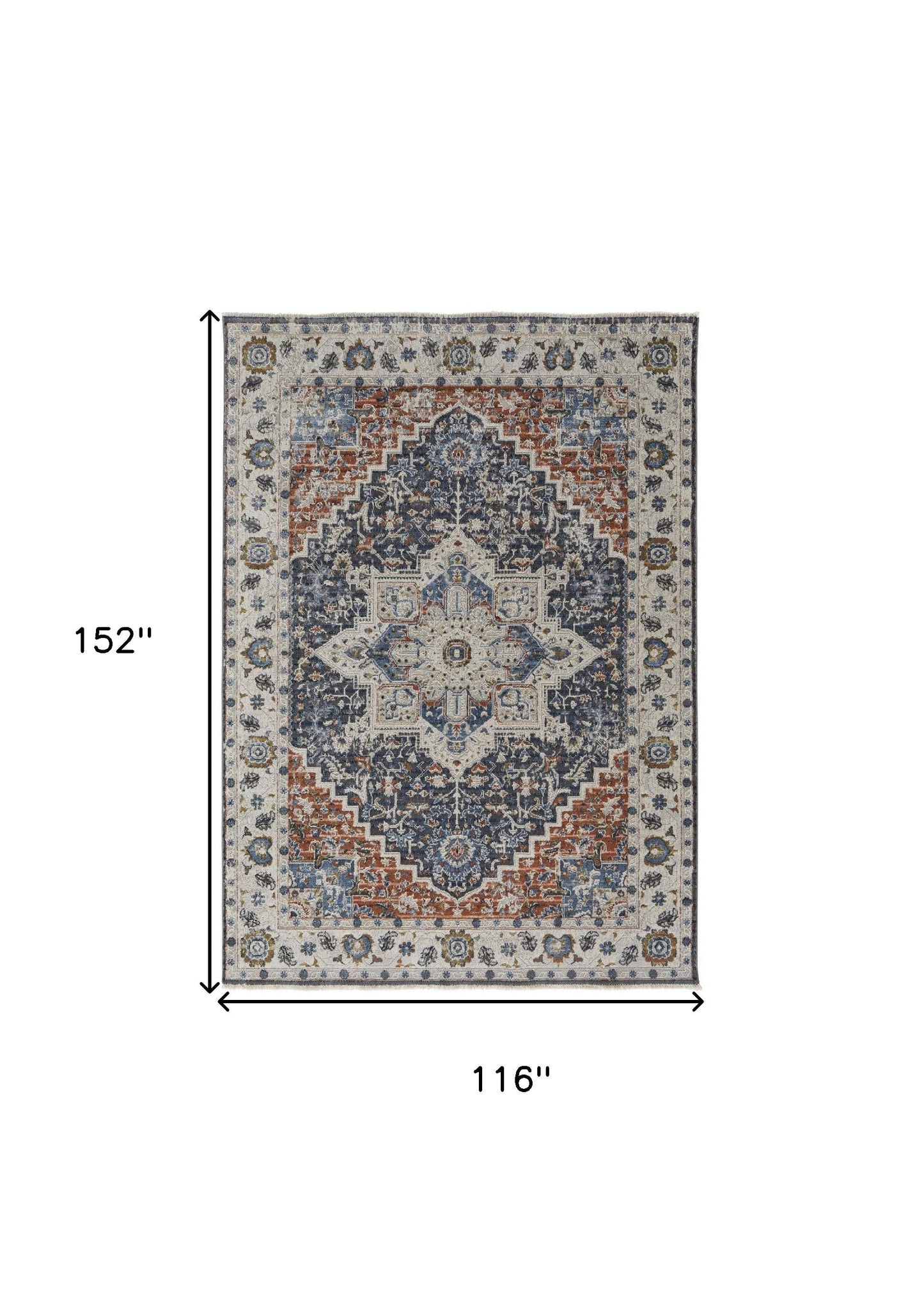 12' X 15' Ivory Charcoal And Blue Oriental Area Rug With Fringe