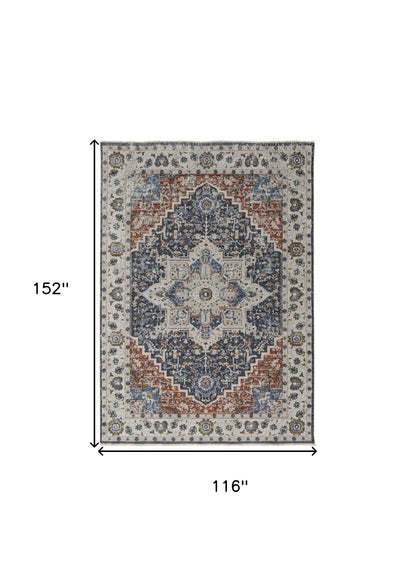 12' X 15' Ivory Charcoal And Blue Oriental Area Rug With Fringe
