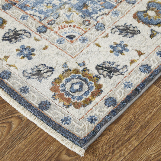 12' X 15' Ivory Charcoal And Blue Oriental Area Rug With Fringe