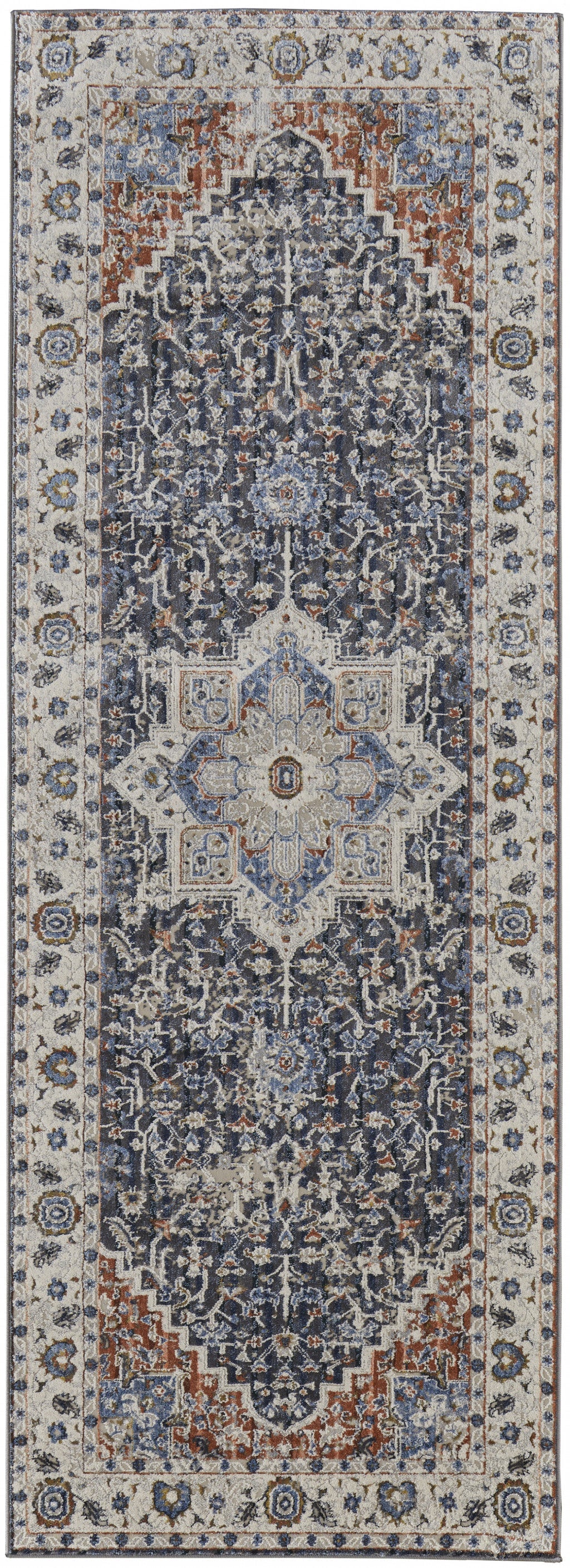 12' X 15' Ivory Charcoal And Blue Oriental Area Rug With Fringe