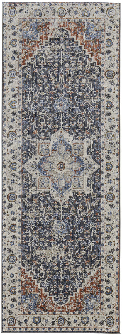 12' X 15' Ivory Charcoal And Blue Oriental Area Rug With Fringe