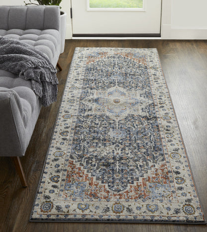 12' X 15' Ivory Charcoal And Blue Oriental Area Rug With Fringe