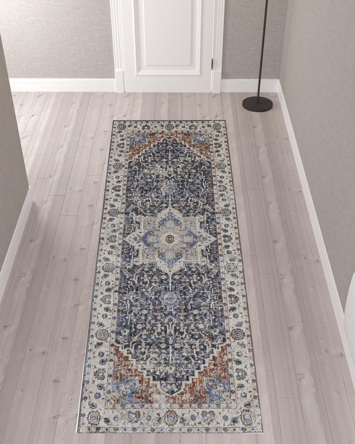 12' X 15' Ivory Charcoal And Blue Oriental Area Rug With Fringe