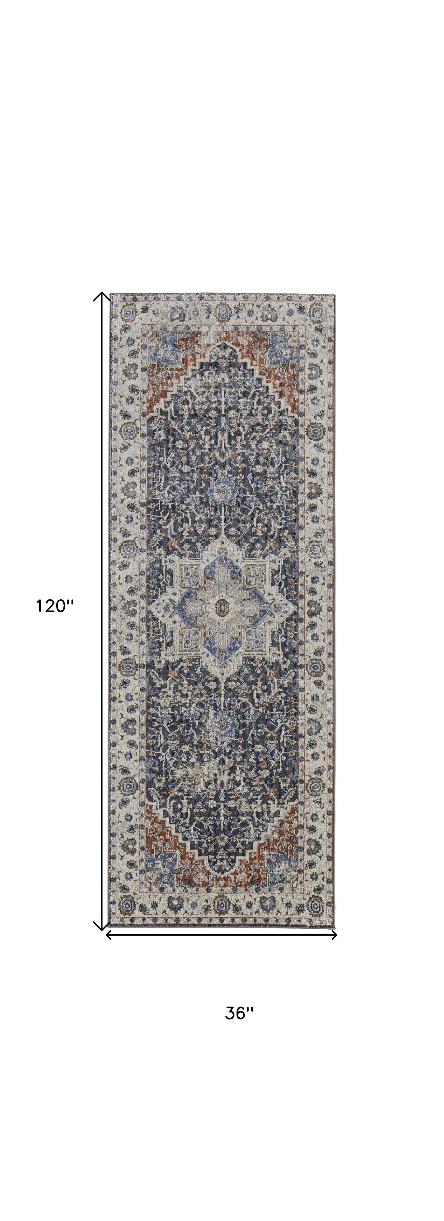 12' X 15' Ivory Charcoal And Blue Oriental Area Rug With Fringe