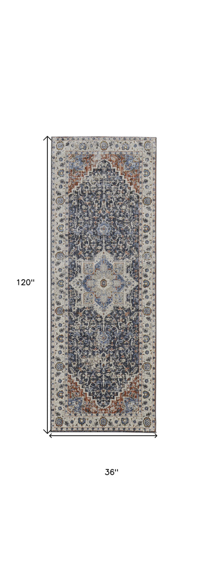 12' X 15' Ivory Charcoal And Blue Oriental Area Rug With Fringe