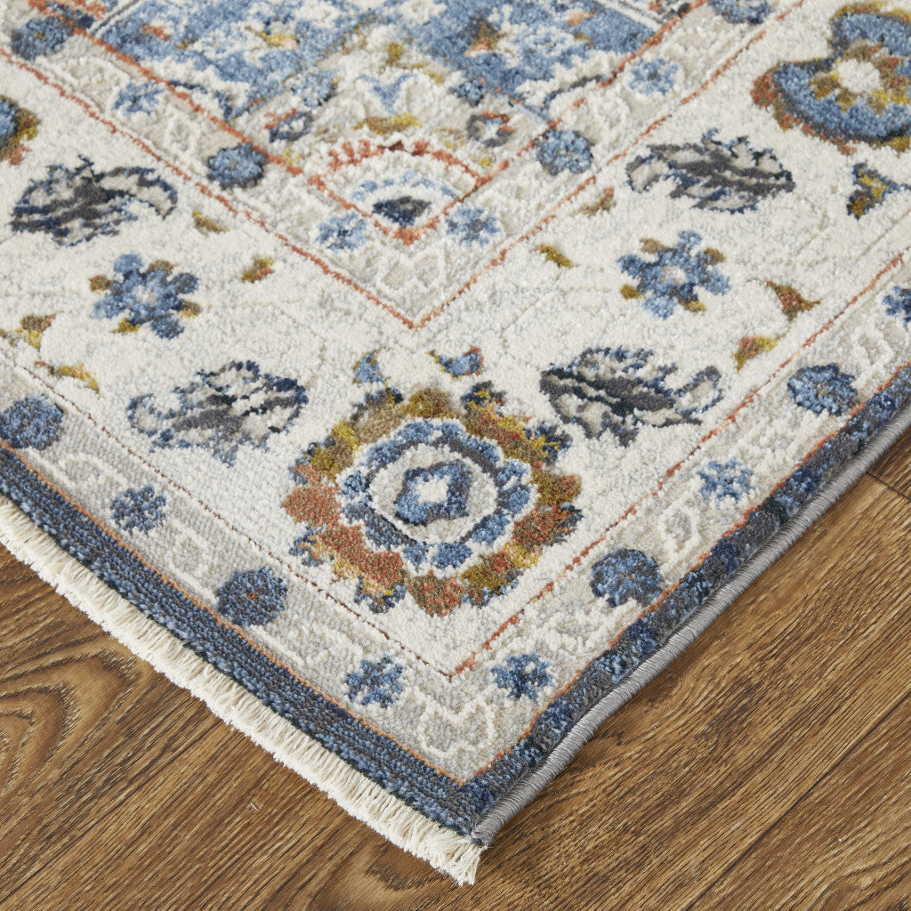 12' X 15' Ivory Charcoal And Blue Oriental Area Rug With Fringe