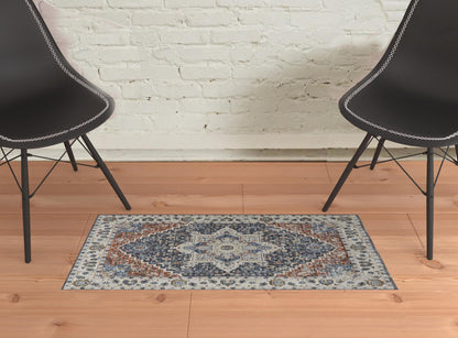12' X 15' Ivory Charcoal And Blue Oriental Area Rug With Fringe