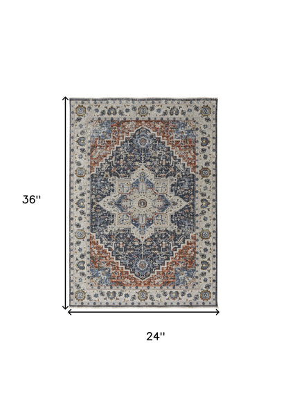 12' X 15' Ivory Charcoal And Blue Oriental Area Rug With Fringe